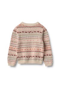 Striktrøje i creme med multicolor geometriske mønstre i rød, grøn, lyserød og lilla. Ribbet krave og manchetter. Casual pasform.