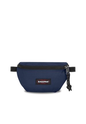 Riñonera Eastpak azul marino con cremallera negra y parche con el logo, con correas laterales ajustables y cordones para tirar de la cremallera.