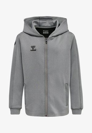 Felpa grigia con zip, realizzata in tessuto morbido, dotata di un grande cappuccio, due tasche laterali e logo nero sul petto. Design semplice con polsini aderenti.
