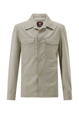 Light beige button-up shirt jacket with two chest pockets, long sleeves, and a classic collar.