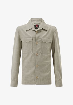 Hellbeige Hemdjacke mit Knöpfen, zwei Brusttaschen, langen Ärmeln und klassischem Kragen.