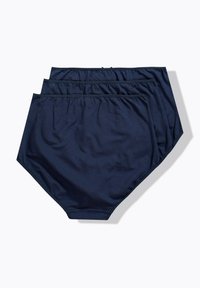Mutande alta in cotone blu navy, texture morbida, confezione da tre, vita elasticizzata, senza motivi o decorazioni visibili, finitura liscia.