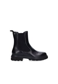 Stivali Chelsea in pelle nera con pannelli laterali elastici, un'etichetta a cappio e una suola in gomma testurizzata. Presentano un design elegante e una costruzione robusta.