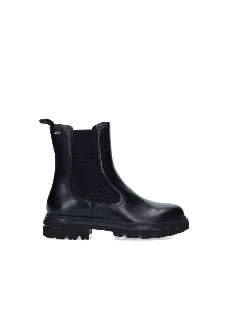 Stivali Chelsea in pelle nera con pannelli laterali elastici, un'etichetta a cappio e una suola in gomma testurizzata. Presentano un design elegante e una costruzione robusta.