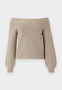 Beige off-the-shoulder knit sweater with ribbed texture, long balloon sleeves, and a fitted body. Smooth fabric finish, casual design.