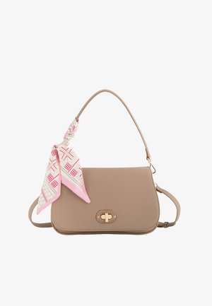 Taupe leather handbag with a top handle and detachable shoulder strap, featuring gold clasp closure and a pink patterned scarf tied to the handle.