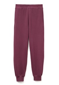 Burgunderfarbene Sweatpants mit elastischem Bund, gerippten Knöcheln und Seitentaschen, aus weichem, dehnbarem Stoff für Komfort und Bewegungsfreiheit.