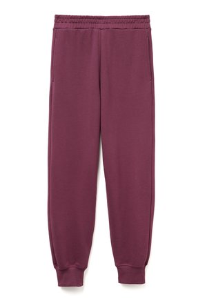 Pantalones de chándal burdeos con cinturilla elástica, puños en los tobillos y bolsillos laterales, fabricados en un tejido suave y elástico para mayor comodidad y facilidad de movimiento.