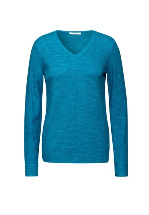 Teal long-sleeve sweater with a V-neck, featuring a ribbed texture and vertical stripe pattern. Made from a soft, lightweight fabric.