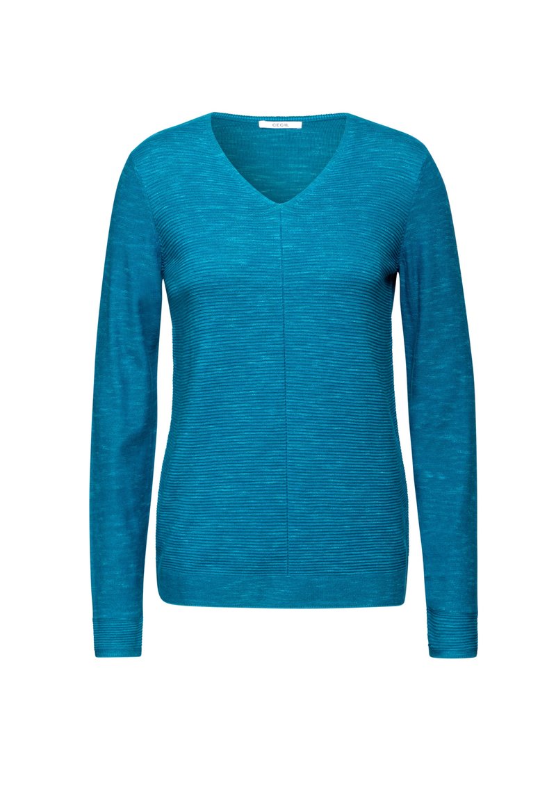 Türkiser Pullover mit langen Ärmeln und V-Ausschnitt, mit gerippter Textur und vertikalem Streifenmuster. Hergestellt aus einem weichen, leichten Stoff.