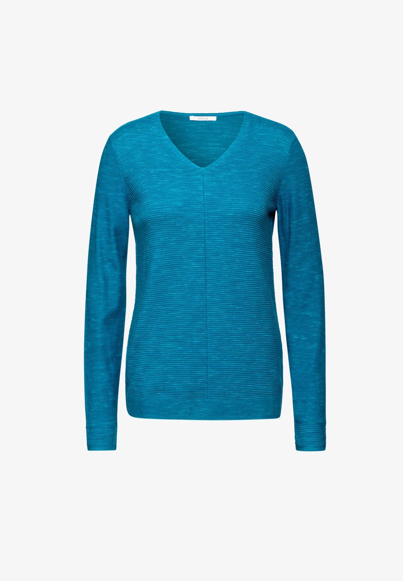 Türkiser Pullover mit langen Ärmeln und V-Ausschnitt, mit gerippter Textur und vertikalem Streifenmuster. Hergestellt aus einem weichen, leichten Stoff.