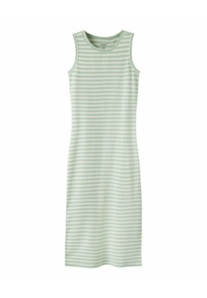 Ermeløs, knelang kjole med horisontale lysegrønne og hvite striper, med rund hals og ribbestrikket stoffstruktur.