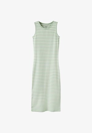 Robe sans manches, longueur genou, avec des rayures horizontales vert clair et blanches, dotée d'un col rond et d'une texture de tissu côtelé.