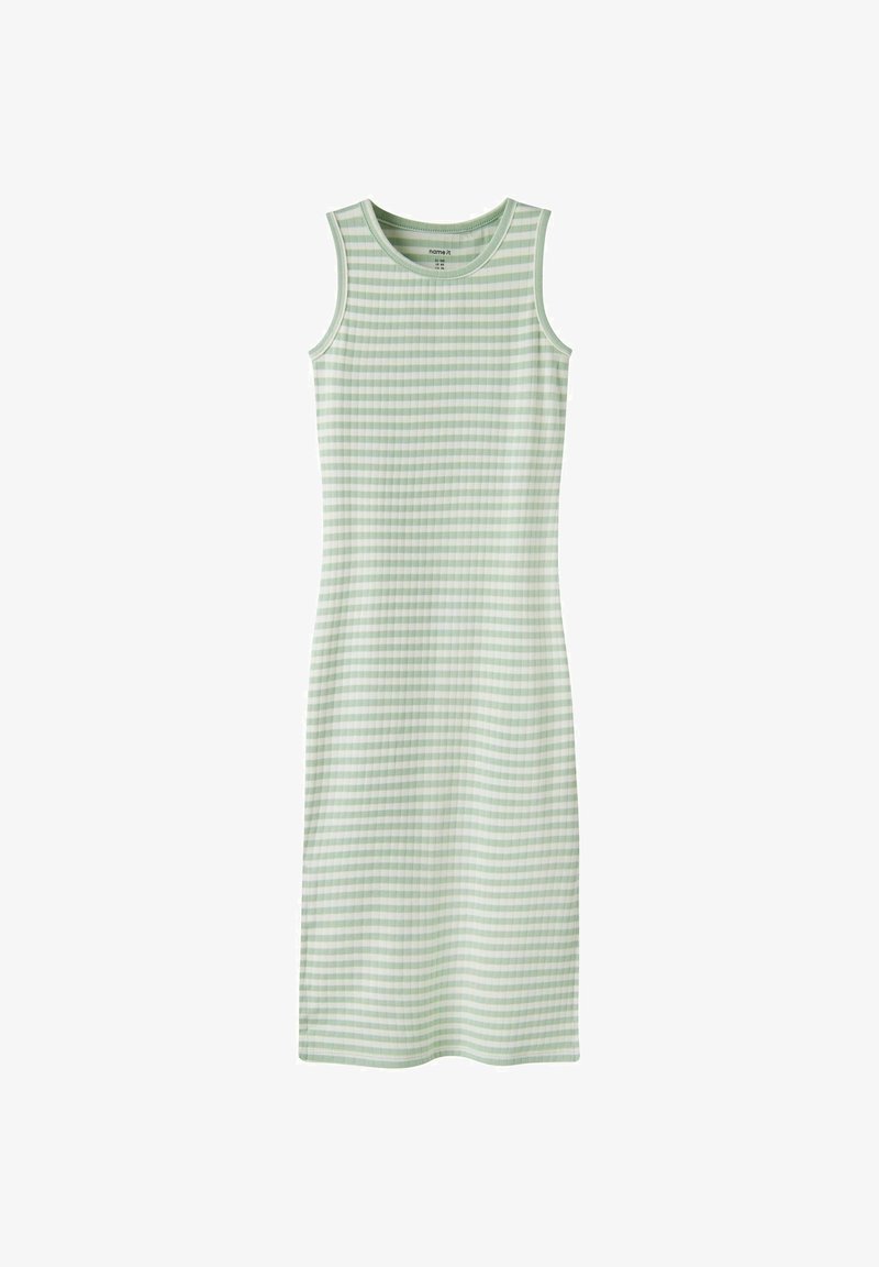Robe sans manches, longueur genou, avec des rayures horizontales vert clair et blanches, dotée d'un col rond et d'une texture de tissu côtelé.