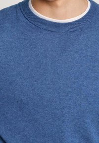 Närbild av en person som bär en blå rundhalsad tröja över en vit rundhalsad skjorta, som visar hals- och övre bröstområde.