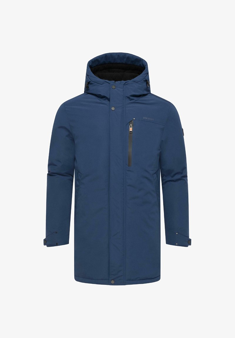 Jūras zila izolēta parka ar augstu apkakli, regulējamu kapuci, priekšējo rāvējslēdzēju un sānu kabatām. Iekļauj krūšu kabatu ar rāvējslēdzēju.