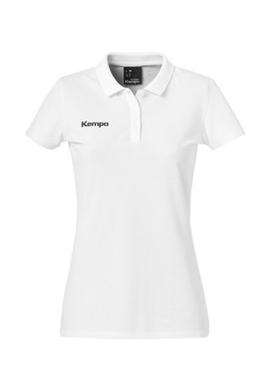 Polo bianco realizzato in cotone. Presenta un colletto classico, tre bottoni e il logo nero "Kempa" sul lato sinistro del petto. Maniche corte.