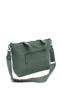 Lygus stačiakampis žalias maišas, pagamintas iš lygaus medžiagos, turintis priekinį užtrauktuką, dvi rankenas ir nuimamą peties diržą.