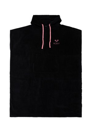 Zwarte poncho met capuchon, roze aantrekkoorden, een voorzak en een roze "ROXY"-logo op de borst.