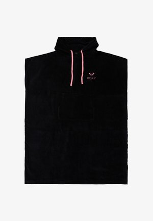 Czarny ponczo z kapturem z różowymi sznurkami, kieszenią z przodu oraz różowym logo „ROXY” na piersi.