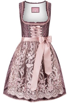 Lila und rosa Dirndl mit floralen Stickereien, Schnürung an der Vorderseite und einem satinartigen Taillengürtel. Volle Rock mit einer durchsichtigen Schicht und gewelltem Saum.