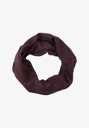 Burgundinpunainen infinity-huivi, joka on tehty pehmeästä ja joustavasta kankaasta. Sileä pinta ilman näkyviä kuvioita tai koristeita. Ympyrän muotoinen helppoa käyttämistä varten.