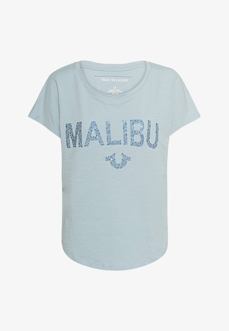 Světle modré tričko s krátkým rukávem, zdobené nápisem "MALIBU" z modrých kamínků, kulatým výstřihem, měkkou texturou a zakřiveným lemem.