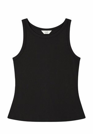 Sort ærmeløs ribbet tanktop med rund halsudskæring og tætsiddende silhuet.