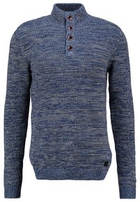 Marineblauer Strickpullover mit hohem Kragen, vier braunen Knöpfen und einem strukturierten Muster. Enganliegende Ärmel und Saum. Das Material wirkt weich.