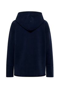 Navy blue hooded sweatshirt with a relaxed fit, featuring a spacious hood and long sleeves with wide cuffs. Soft, smooth fabric texture.