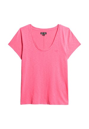 Rosa Kurzarm-T-Shirt mit rundem Ausschnitt und weicher, leichter Textur. Verfügt über ein dezentes Logo auf der Vorderseite. Reguläre Passform.