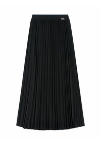 Czarna plisowana spódnica z gładkim pasem i zwiewnym krojem. Wykonana z lekkiego materiału, z pionowymi plisami na całej powierzchni.