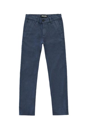 Marineblauwe chino's van een zachte stof, met een knoopsluiting, riemlussen, zijzakken en een straight-leg snit.