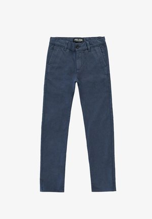 Marineblauwe chino's van een zachte stof, met een knoopsluiting, riemlussen, zijzakken en een straight-leg snit.