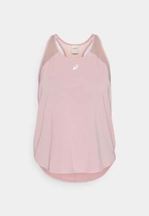 Hellrosa sportliches Tanktop mit Mesh-Akzenten, abgerundetem Saum und kleinem weißem Logo auf der Vorderseite. Leichtes Material.