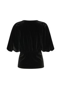 Top in velluto nero con vita arricciata, maniche corte a palloncino e scollatura rotonda. Texture morbida con una leggera lucentezza. Vista posteriore mostrata.