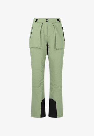 Pantaloni da sci verde chiaro con due tasche frontali, dettagli neri all'estremità delle gambe, design plissettato e chiusura con bottone in vita.