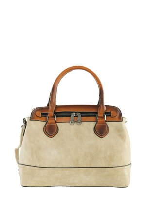 Beige handtas met bruine leren handvatten, een bovenrits met dubbele ritsen en een gestructureerde rechthoekige vorm.