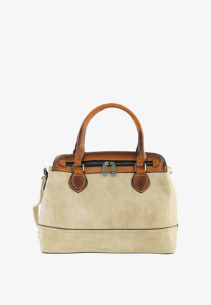 Beige handtas met bruine leren handvatten, een bovenrits met dubbele ritsen en een gestructureerde rechthoekige vorm.