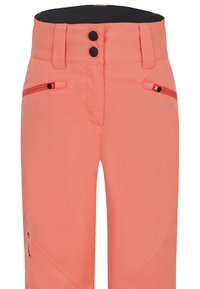 Helle rosa Skihosen mit glatter Textur, ausgestattet mit zwei schwarzen Knöpfen, seitlichen Reißverschlusstaschen und einem dezenten Logo an der unteren Beinseite.