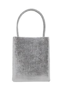 Gray velvet tote bag, rectangular shape, with a smooth texture and a single rounded handle. No visible closures or embellishments.