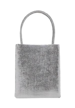 Gray velvet tote bag, rectangular shape, with a smooth texture and a single rounded handle. No visible closures or embellishments.