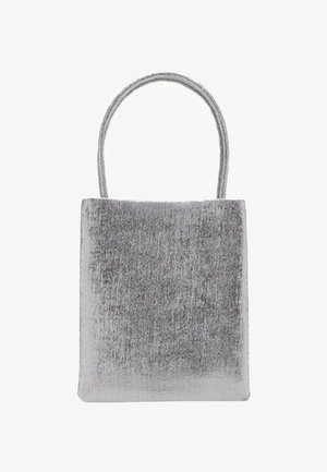 Gray velvet tote bag, rectangular shape, with a smooth texture and a single rounded handle. No visible closures or embellishments.