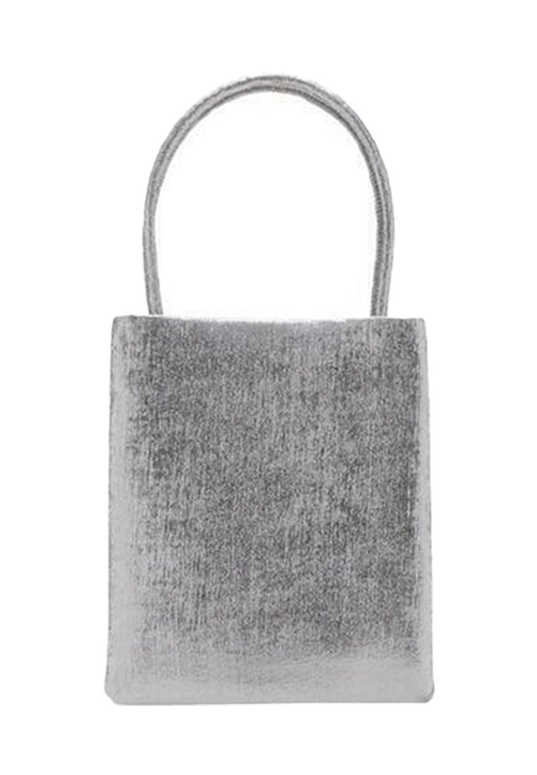 Gray velvet tote bag, rectangular shape, with a smooth texture and a single rounded handle. No visible closures or embellishments.
