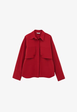 Red long-sleeve shirt with two front flaps, a pointed collar, and a relaxed fit. Made of smooth fabric with a plain texture.