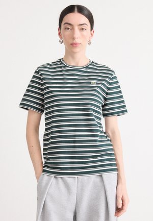 Striped T-shirt in dark green and white cotton. Short sleeves, crew neckline, features a small embroidered logo on the chest.