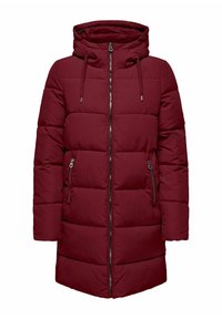 Chaqueta de plumas burdeos con cierre de cremallera, capucha ajustable con cordón y dos bolsillos laterales. Tejido texturizado con patrón acolchado.