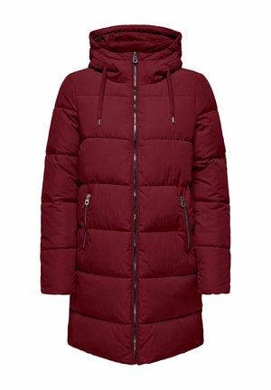 Bordo puffer jakna s patentnim zatvaračem, podesivim kapuljačom s vezicom i dva bočna džepa. Teksturirana tkanina s kviltanim uzorkom.
