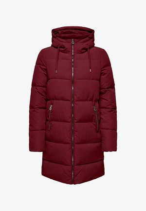 Burgundinės pūkinės striukės su užtrauktuku, reguliuojama raiščio gobtuvu ir dviem šoninėmis kišenėmis. Audinys su tekstūra ir siuvinėtu raštu.