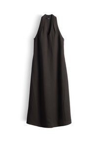 Robe midi noire sans manches avec un profond décolleté en V et une silhouette trapèze, suspendue à plat sur un fond blanc.